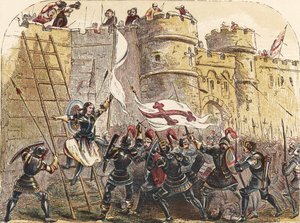 Joan of Arc leads French army against the English defenders of Les Tourelles gate, during the siege of Orleans May 7th, 1429 by English School